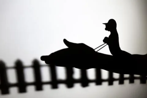 Play shadow projected against a white background. horse, rider. Stock Photos