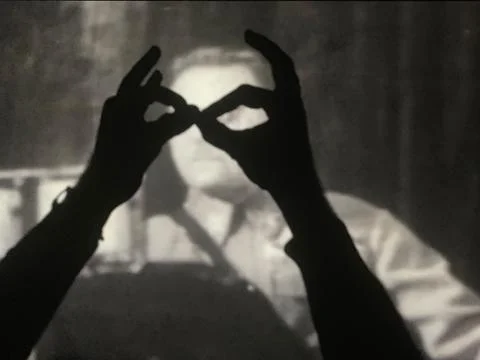 Play of shadows on the screen. Finger shadow figures on the wall. Foto stock