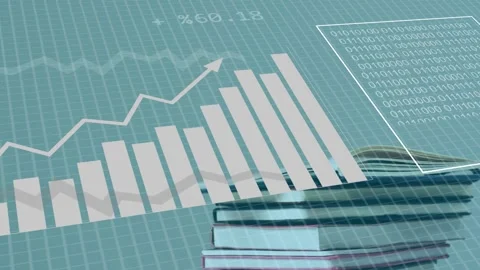 On play, stack of books anchoring AR charts growing, sliding and highlighting Stock Footage 335211862