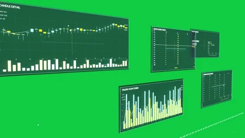 On play start, camera panning around trading teal HUDs, revealing data on Stock Footage 337506392