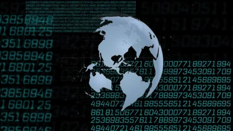 On play start, stylized globe rotating while teal numeric panels sliding, Stock Footage 334768463