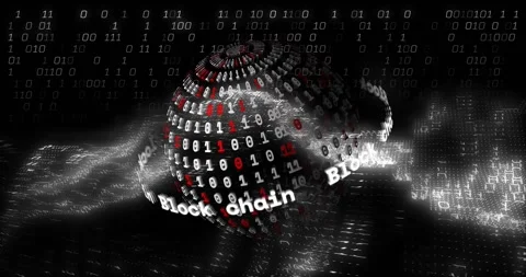 On play starting, 3D binary sphere rotating, Block chain band orbiting, emitting Stock Footage 333965182