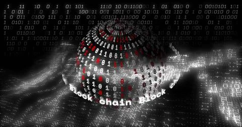 On play starting, 3D binary sphere rotating, Block chain band orbiting, emitting Stockillustratie