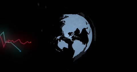 Play starting, 3D globe rotating clockwise, halftone oceans shifting, graphs Stock Footage 329702287