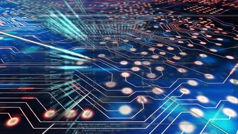 On play starting circuit plane sending cyan pulses along traces, code ribbons Stock Footage 335465672