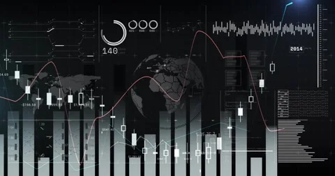 Play starting, data dashboard animating bars and candlesticks, magenta line Stock Footage 330396749