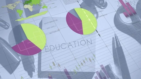 Play starting EDUCATION sheet animating data bars growing, pies forming, rings Stock Footage 333019568