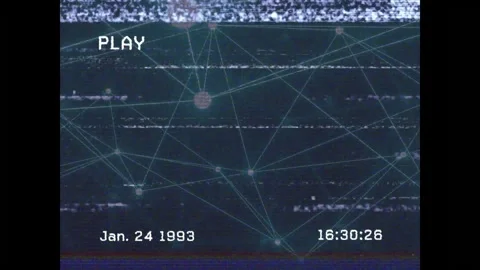 PLAY starting playback, network nodes shifting, noise wobbling, timestamp Stock Footage 335731936