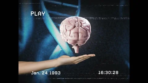 PLAY starting playback, palm lifting floating brain while timecode updating, Video stock 329928847