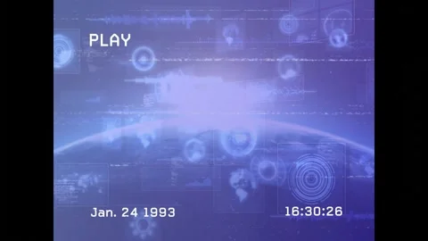 PLAY starting playback retro globe HUD glowing and rings sliding while time Stock Footage 330236910