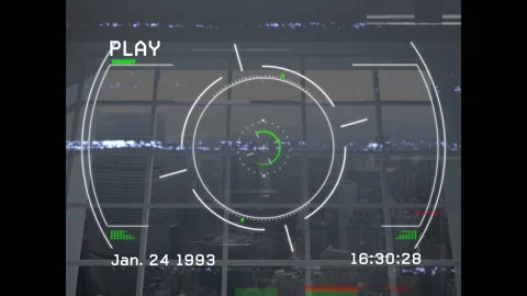 On PLAY starting, reticle pulsing, timestamp updating, glitch bars drifting for 스톡 동영상 314174566
