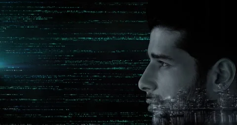 Play starting teal data scroll, man posing right profile, skyline across jaw Stock Footage 329471667
