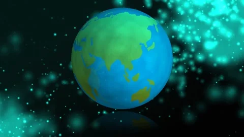 On play, stylized globe rotating eastward showing regions with teal cloud Stock Footage 333255598