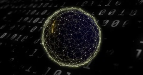 On play stylized globe rotating while golden trails drawing across mesh amid Stock Footage 334463236
