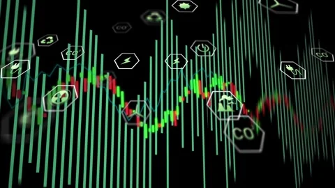 On play teal bars, candlestick chart, hex icons pulsing, shifting, visualizing Stock Footage 328330046