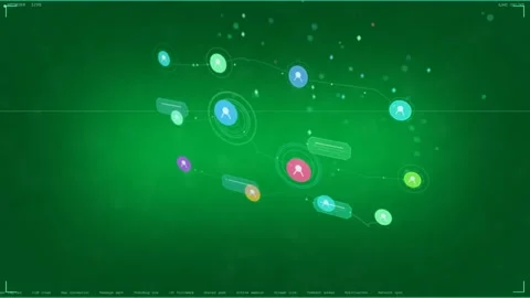 On play tech HUD network nodes pulsing links or chats appearing cam tilting on Stock Footage 333907662