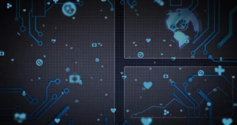 On play tech interface printing code floating icons rotating globe updating Stock Footage 311216843