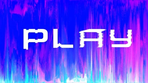 PLAY term, pixelated glitch screen background, animated pixels font, loop Stockbeeldmateriaal 119188403