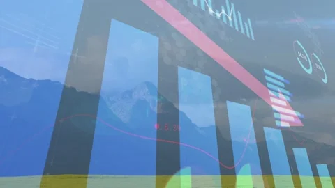 On play translucent finance chart animating over mountain bars moving arrow Stock Footage 333444489