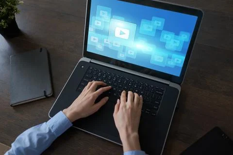 Play video button. Media player window on screen. Streaming. Marketing content Fotos Stock
