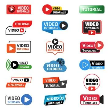 Play video tutorials icon set in flat style. Education software vector illu.. Stock Illustration