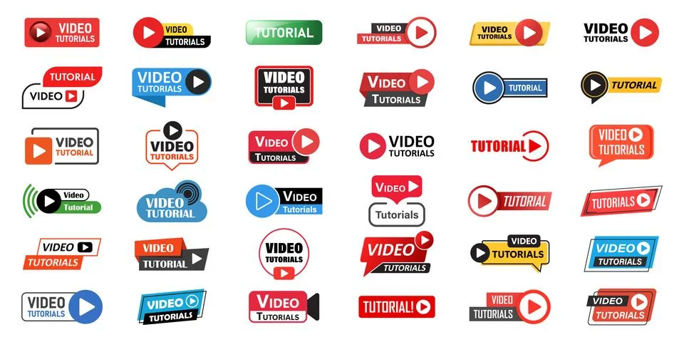 Play video tutorials icon set in flat style. Education software vector illu.. Stock Illustration