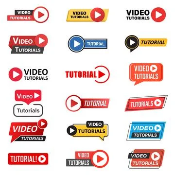 Play video tutorials icon set in flat style. Education software vector illu.. Stock Illustration