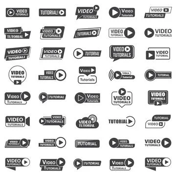 Play video tutorials icon set in flat style. Education software vector illu.. Stock Illustration