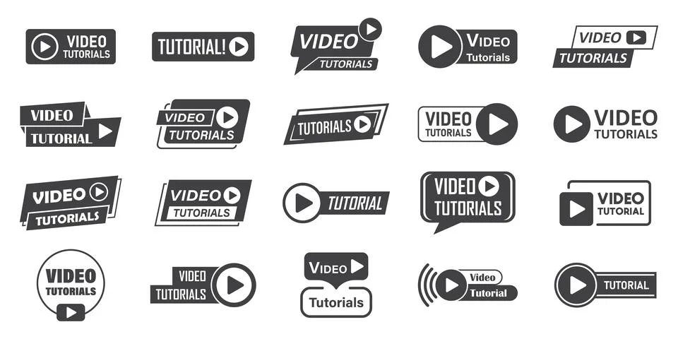 Play video tutorials icon set in flat style. Education software vector illu.. Stock Illustration