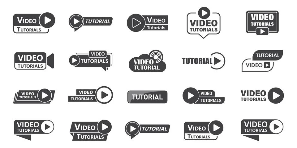 Play video tutorials icon set in flat style. Education software vector illu.. Stock Illustration