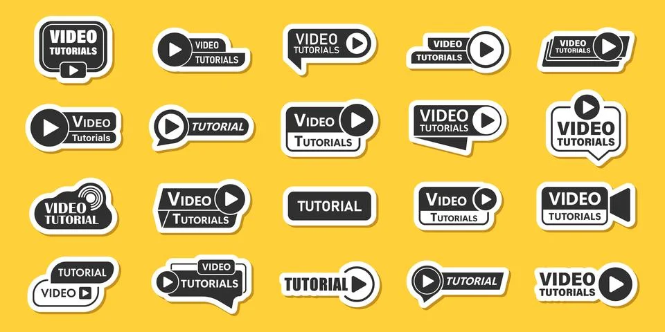 Play video tutorials sticker icon set in flat style. Education software vec.. Stock Illustration