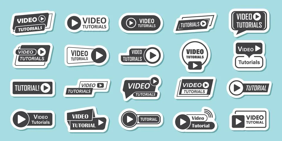 Play video tutorials sticker icon set in flat style. Education software vec.. Stock Illustration
