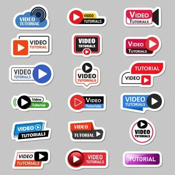 Play video tutorials sticker icon set collection in flat style. Education s.. Stock Illustration