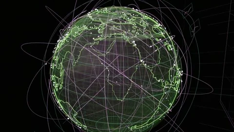 On play wire globe rotating, orbits sweeping nodes clustering, mapping network Stock Footage 334727201