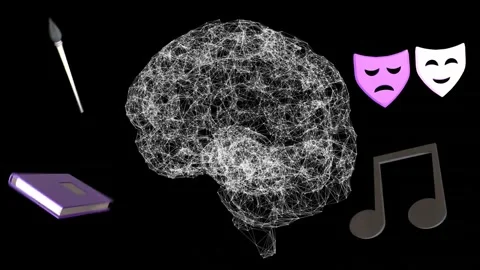 On play wireframe brain rotating, masks alternating, brush tilting, pen shifting Stock Footage 334351930