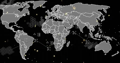 On play world map animating overlays, nodes shifting and numbers updating to Stock Footage 320651584