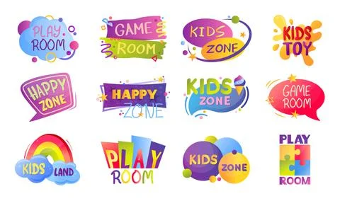 Play zone background set. Fun game logo, art school area text or blot park label Stock Illustration