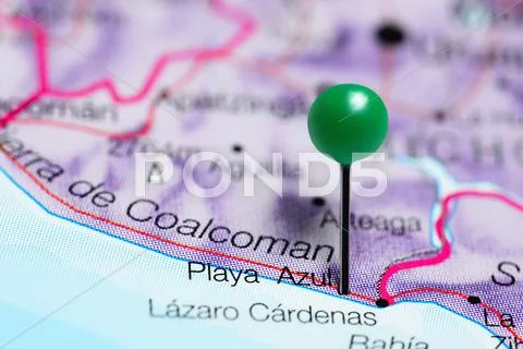 Playa Azul pinned on a map of Mexico Stock Photos