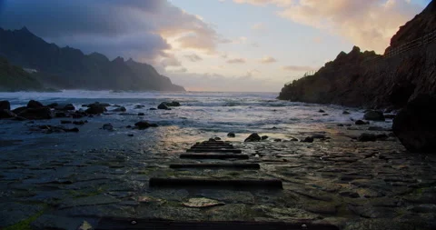 Playa de Benijo, sunset. Beach in the north of Tenerife, in background mountain Stock Footage 197490327