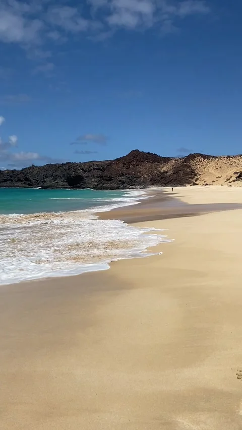 PLaya de las Conchas with wide sandy beach and turquoise water of La Graciosa Stock Footage 310558013