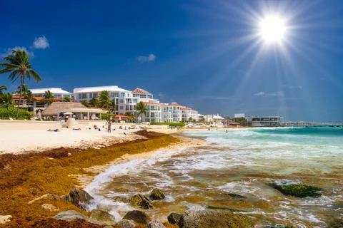 PLAYA DEL CARMEN, MEXICO - APR 2022: Sandy beach on a sunny day with hotels i Stock Photos