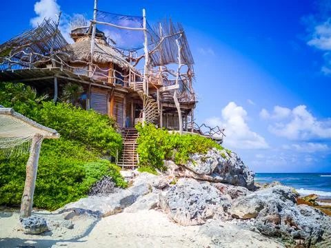 Playa Paraiso, Mexico. Small wooden hut on Riviera Maya, Quintana Roo. Stock Photos