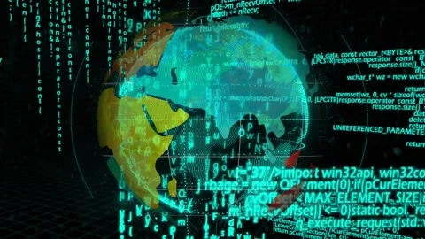 On playback 3D globe rotating right while code streams intensifying, showing Stock Footage 328224431