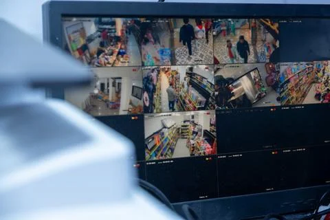 Playback CCTV cameras in office on computer screen. Surveillance interface .. Stock Photos