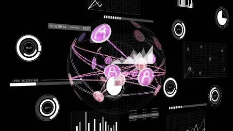 On playback central 3D network globe rotating revealing data nodes and updating Stock Footage 317799946