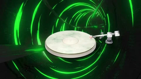 On playback CGI platter rotating neon rings spiraling camera pushing tonearm Vídeo Stock 338365792