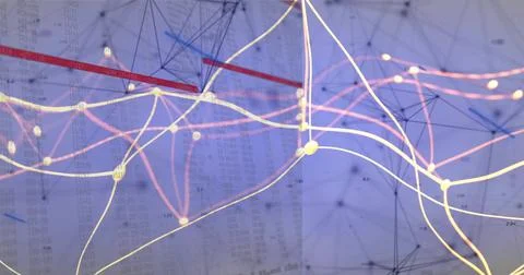 On playback data overlaying paper, yellow filaments branching and pulsing for イラスト素材