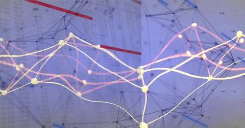 On playback data overlaying paper, yellow filaments branching and pulsing for Stock Photos