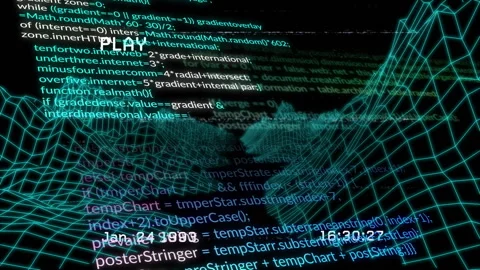On playback digital 3D grid rotating and zooming while code lines scrolling and Stock Footage 312486213