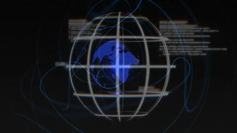 On playback, digital globe rotating, core pulsing, ribbons orbiting, HUD Stock Footage 328223864